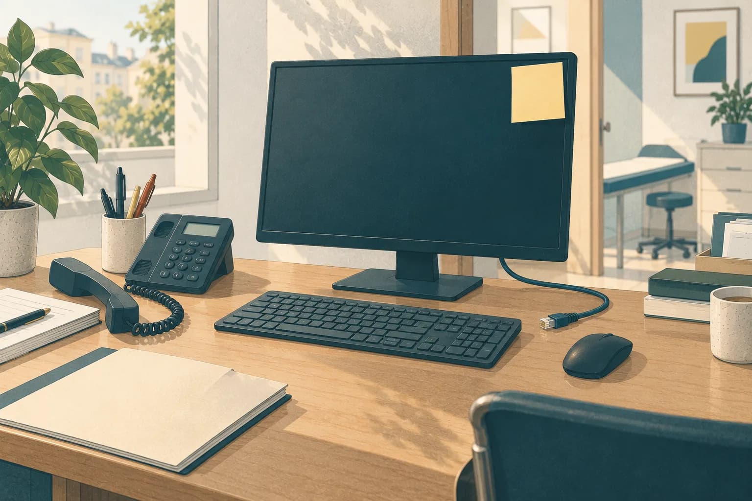 Un ordinateur débranché, câble réseau posé à côté du clavier.