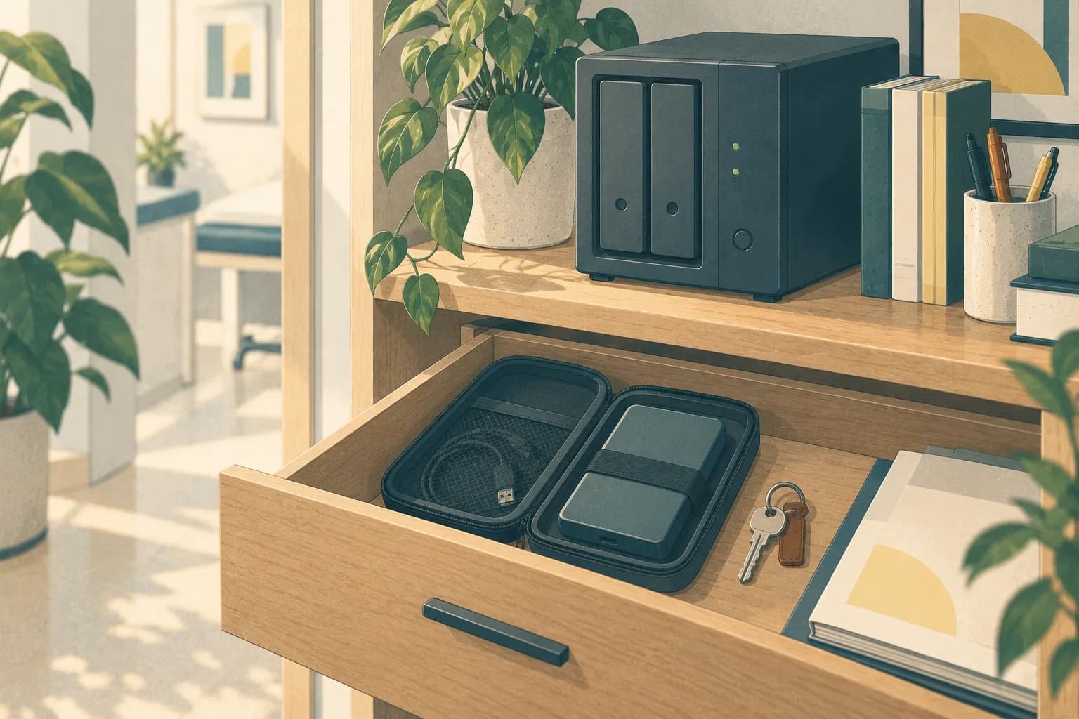 Un disque externe rangé dans un tiroir, à côté d'un petit serveur de stockage.