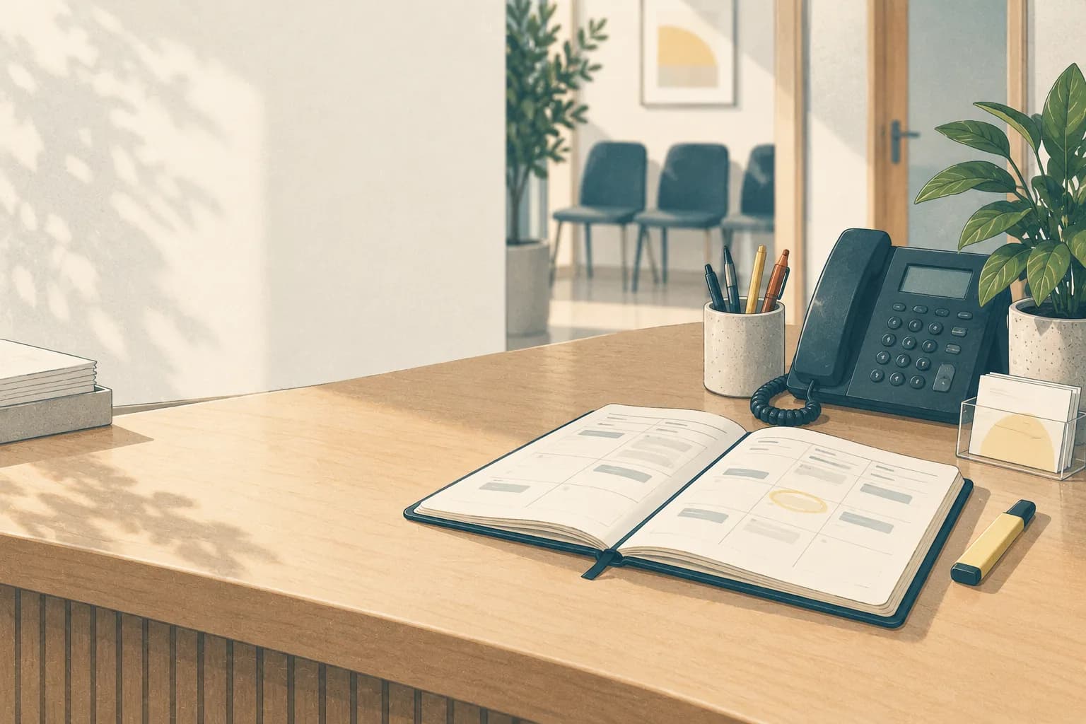 Un agenda papier ouvert, une date entourée, à côté du téléphone du cabinet.