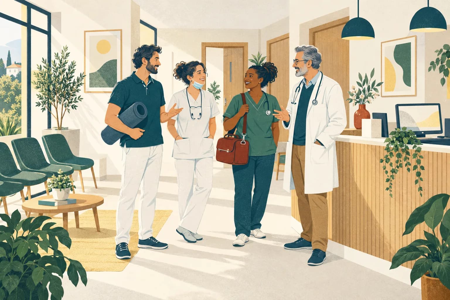 Le hall d'une maison de santé, avec plusieurs professionnels de santé.