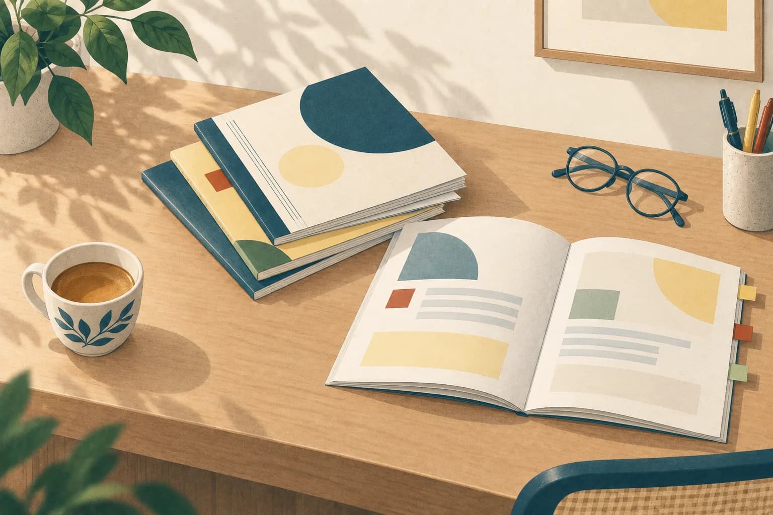 Une pile de guides pratiques sur un bureau, à côté d'une tasse.