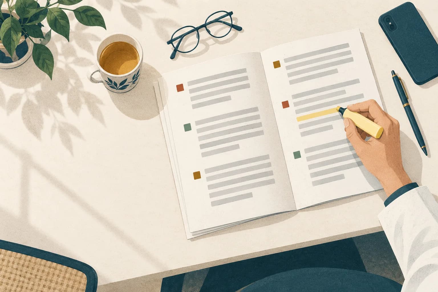 Une praticienne annote le rapport imprimé, surligneur à la main.