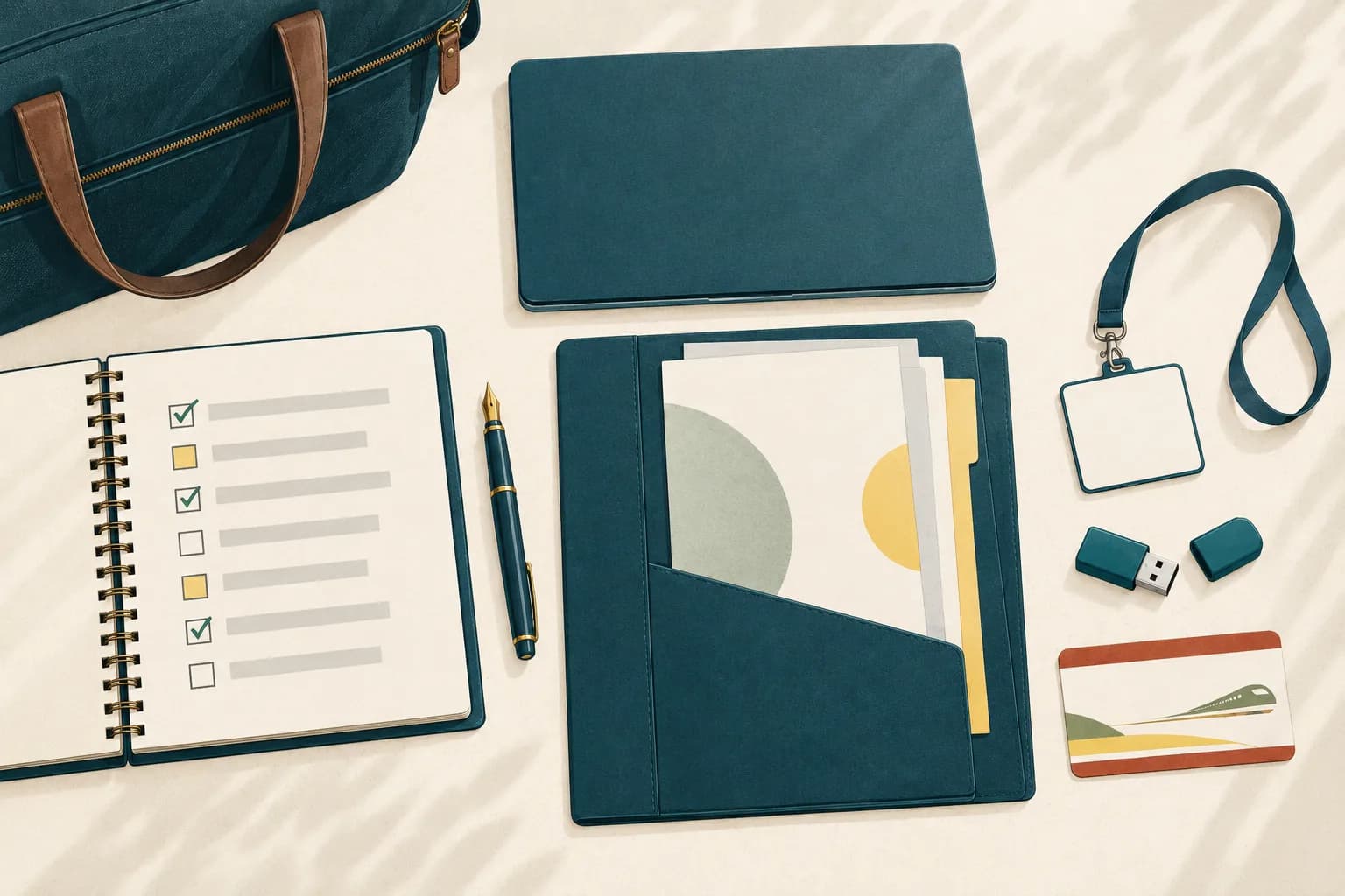 Le sac de l'intervenant : ordinateur portable, carnet et documents.