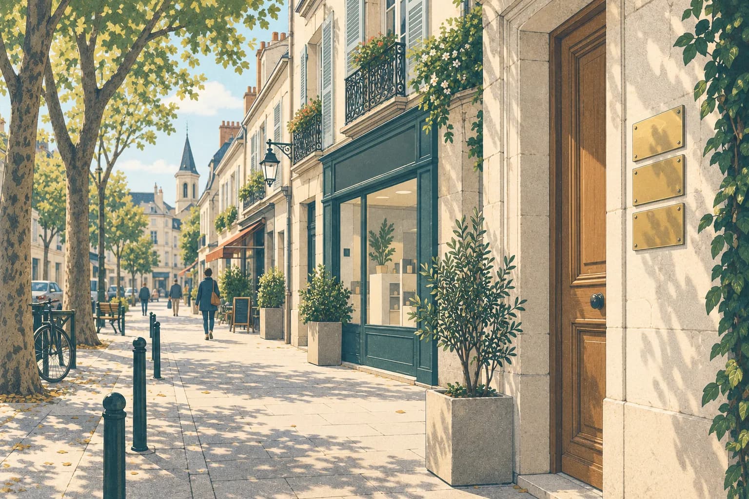 Une rue de centre-ville avec la plaque d'un cabinet médical.